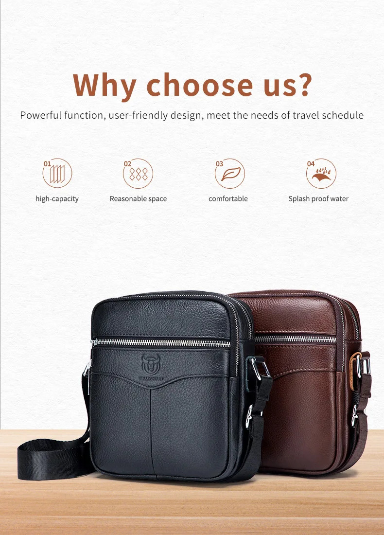 BULLCAPTAIN Casual Men's Messenger Shoulder Bag High Quality Smooth Hardware Zipper Pocket Leather Shoulder Bag For Men