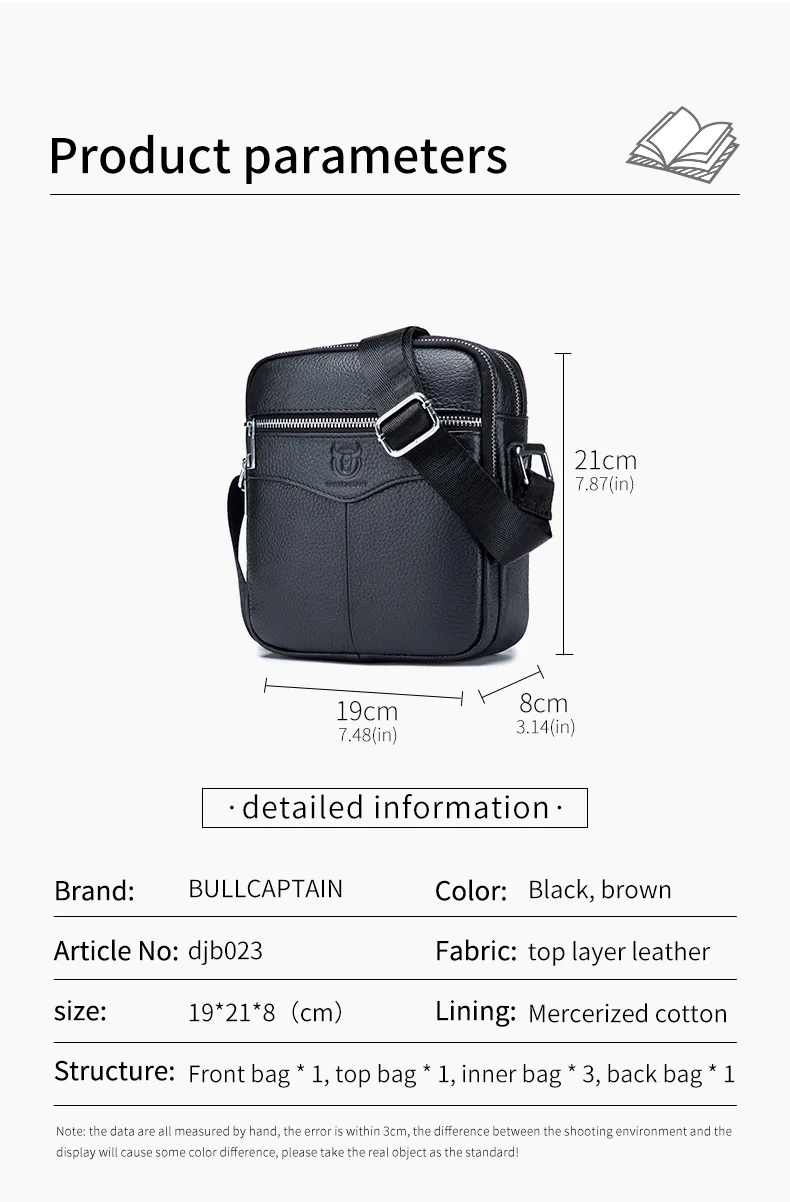BULLCAPTAIN Casual Men's Messenger Shoulder Bag High Quality Smooth Hardware Zipper Pocket Leather Shoulder Bag For Men