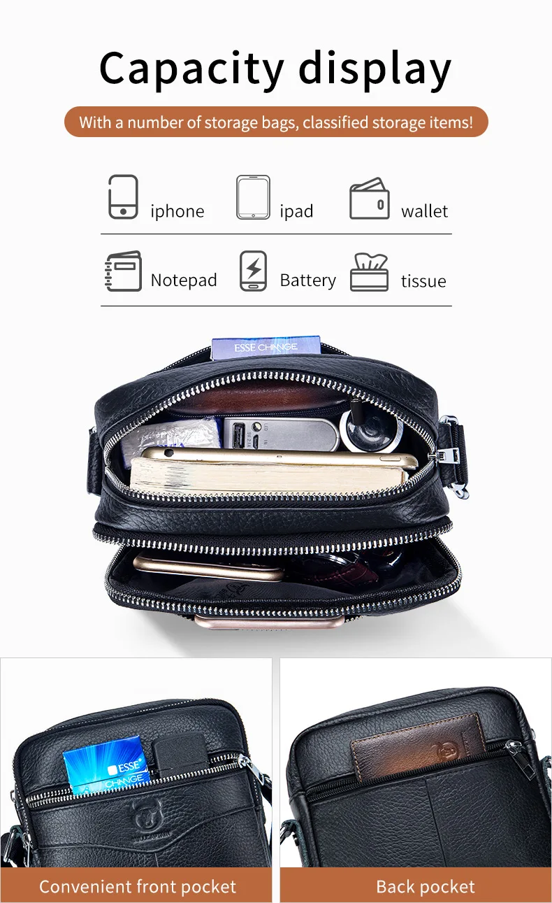 BULLCAPTAIN Casual Men's Messenger Shoulder Bag High Quality Smooth Hardware Zipper Pocket Leather Shoulder Bag For Men