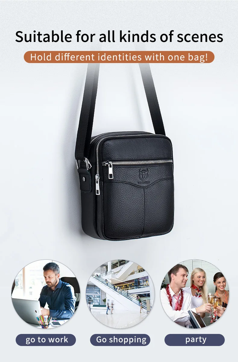 BULLCAPTAIN Casual Men's Messenger Shoulder Bag High Quality Smooth Hardware Zipper Pocket Leather Shoulder Bag For Men
