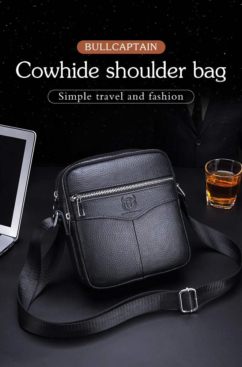 BULLCAPTAIN Casual Men's Messenger Shoulder Bag High Quality Smooth Hardware Zipper Pocket Leather Shoulder Bag For Men