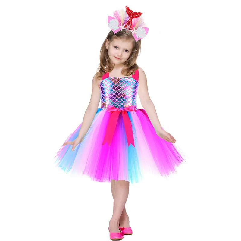Little Mermaid Princess Dresses for Girls Kids Tutu Dress for Mermaid Birthday Party Costumes Halloween Clothes Set for Children