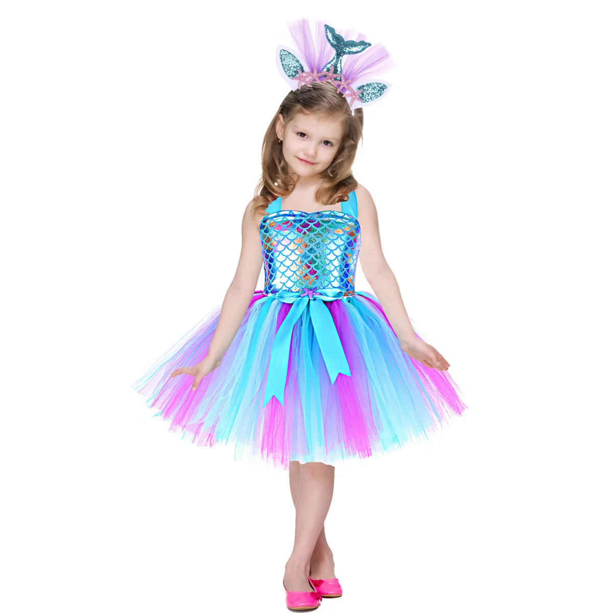 Little Mermaid Princess Dresses for Girls Kids Tutu Dress for Mermaid Birthday Party Costumes Halloween Clothes Set for Children