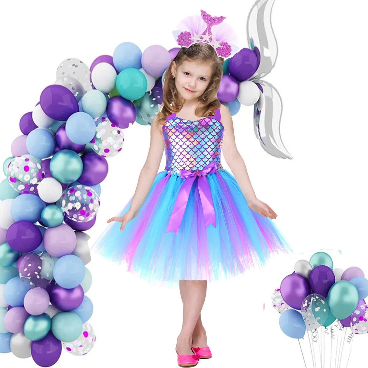 Little Mermaid Princess Dresses for Girls Kids Tutu Dress for Mermaid Birthday Party Costumes Halloween Clothes Set for Children