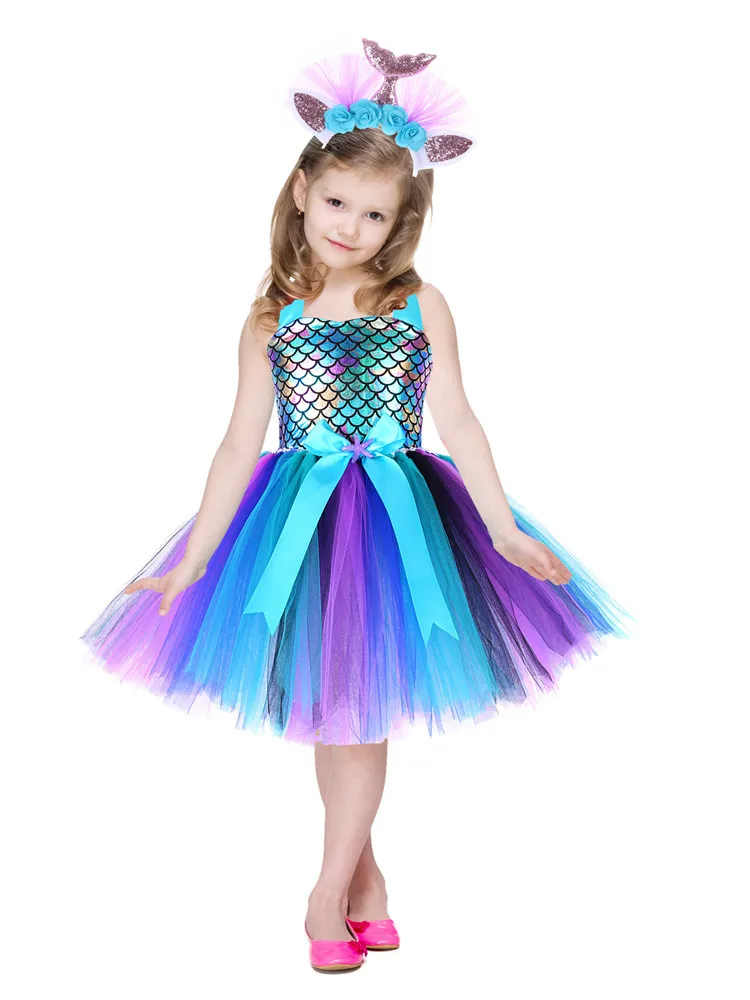 Little Mermaid Princess Dresses for Girls Kids Tutu Dress for Mermaid Birthday Party Costumes Halloween Clothes Set for Children