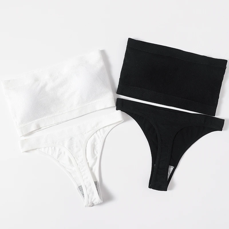 Women Strapless Bra And Panties Set Seamless Anti-Slip Tube Bra Sexy Underwear Brazilian Panties Ribbed Bandeau Lingerie Set
