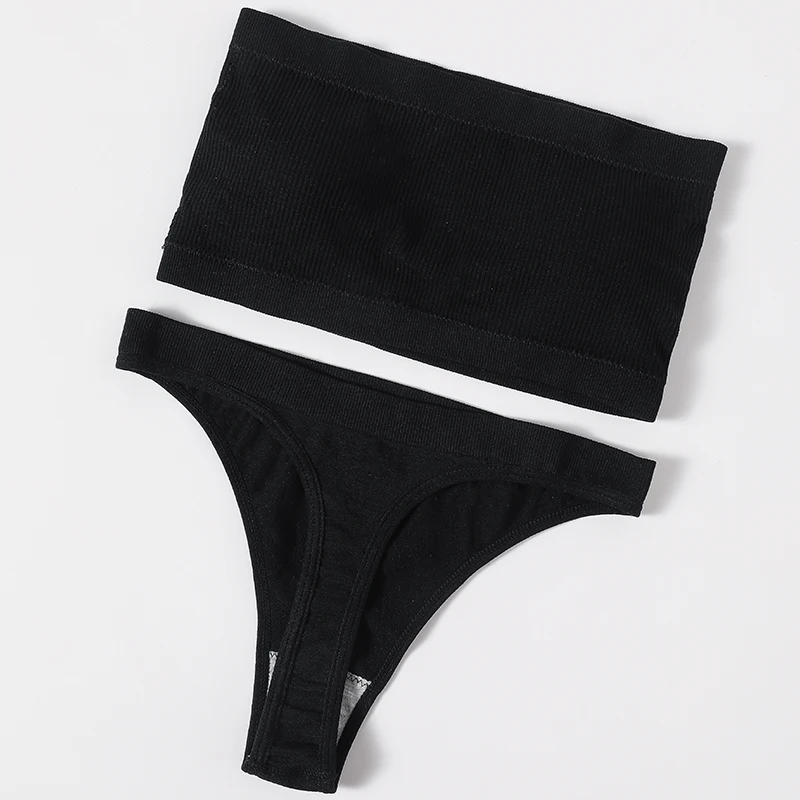 Women Strapless Bra And Panties Set Seamless Anti-Slip Tube Bra Sexy Underwear Brazilian Panties Ribbed Bandeau Lingerie Set