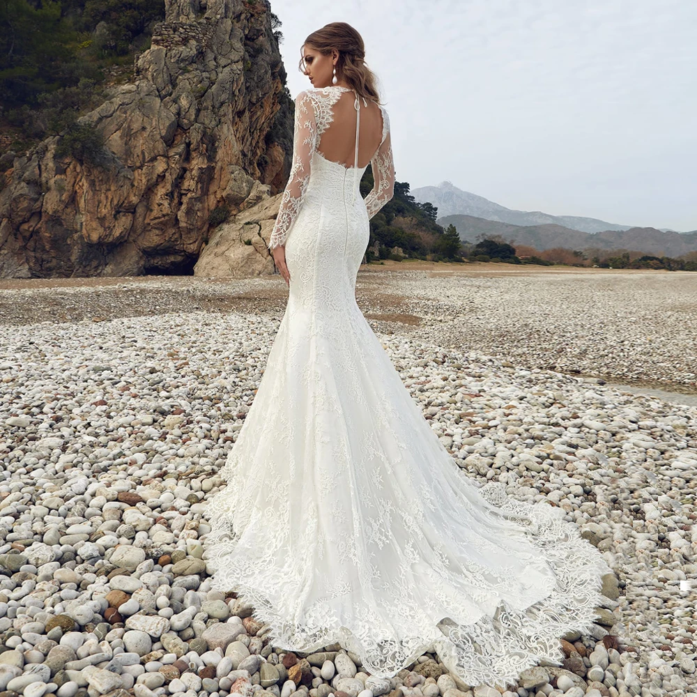 Lace Mermaid Wedding Dresses Vestido De Noiva Customized Long Sleeves V Neck Backless Sweep Train Woman Boho Bridal Gown