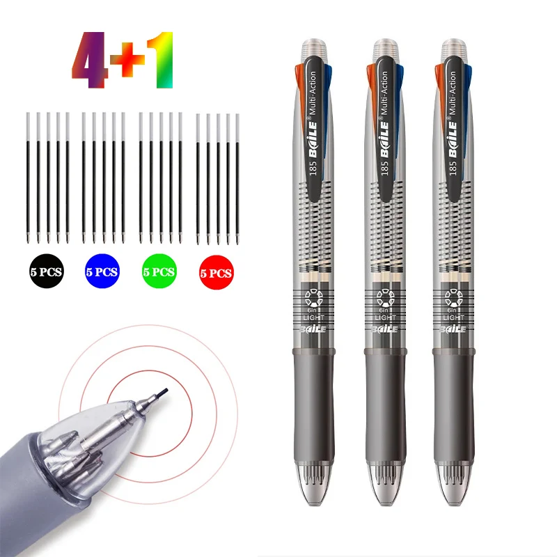 1Pc 5 In 1 Multicolor Ballpoint Pens with 4 Colors Replaceable Pen Refills 1 Automatic Pencil Lead Kawaii Stationery Top Eraser