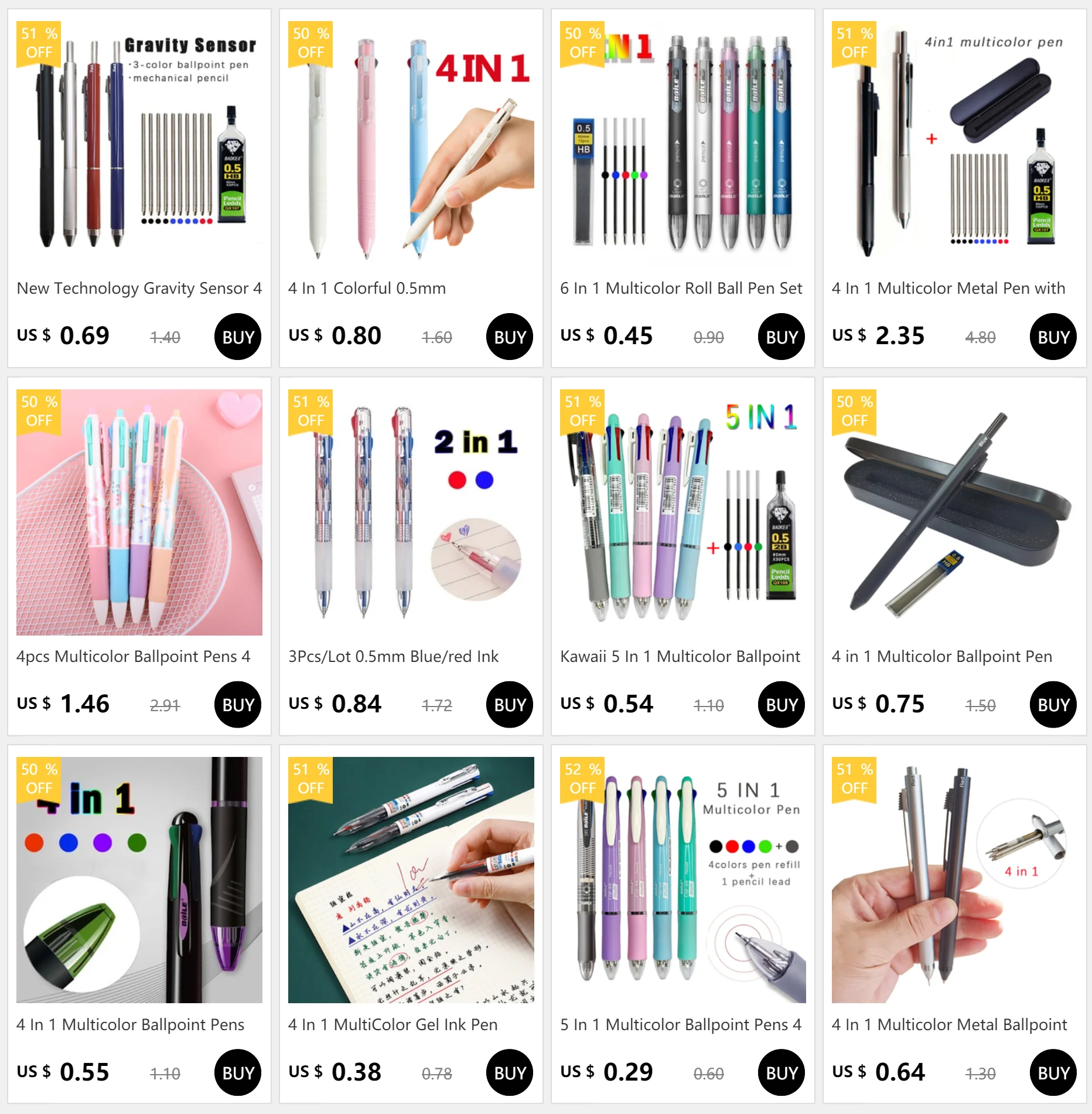 1Pc 5 In 1 Multicolor Ballpoint Pens with 4 Colors Replaceable Pen Refills 1 Automatic Pencil Lead Kawaii Stationery Top Eraser