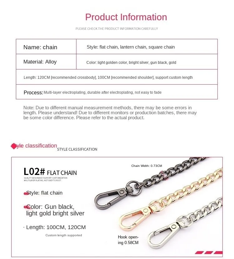 Bag Chain Single Buy Chain Accessories Single Shoulder Strap Bag Chain Messenger Belt Replacement Female Metal Bag Strap Gold