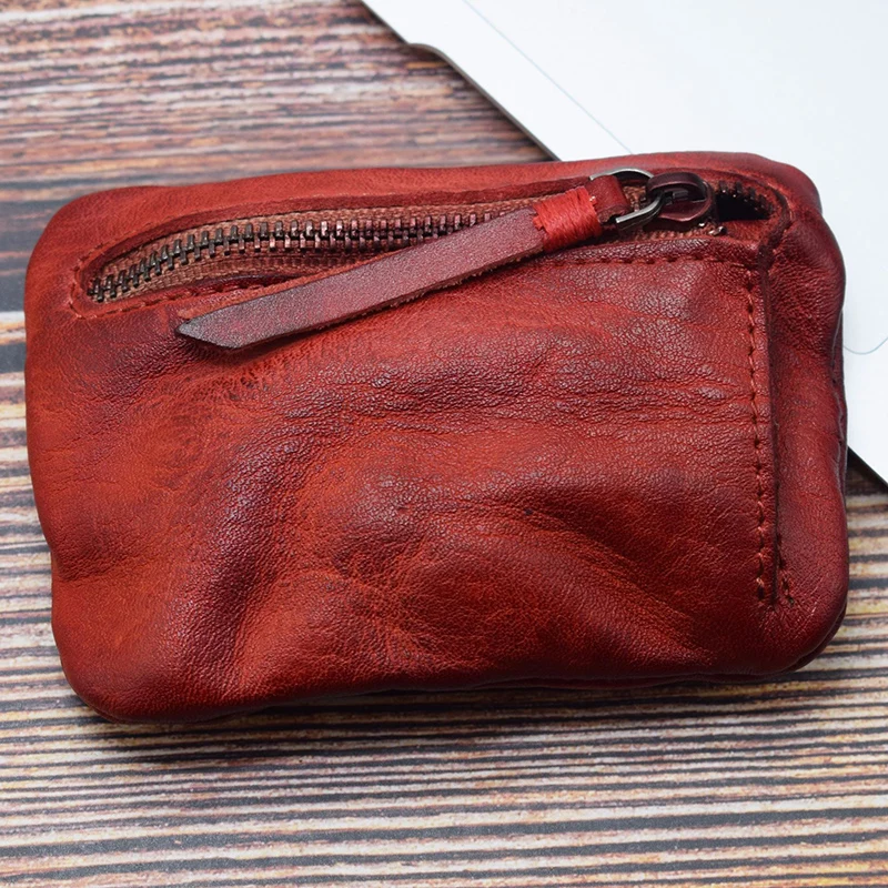 Genuine Leather Coin Purse Men Vintage Original Leather Handmade Small Mini Wallet Card Holder Money Bag Women Zip Change Purses