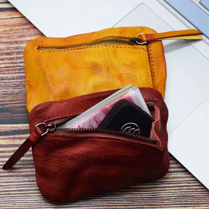 Genuine Leather Coin Purse Men Vintage Original Leather Handmade Small Mini Wallet Card Holder Money Bag Women Zip Change Purses