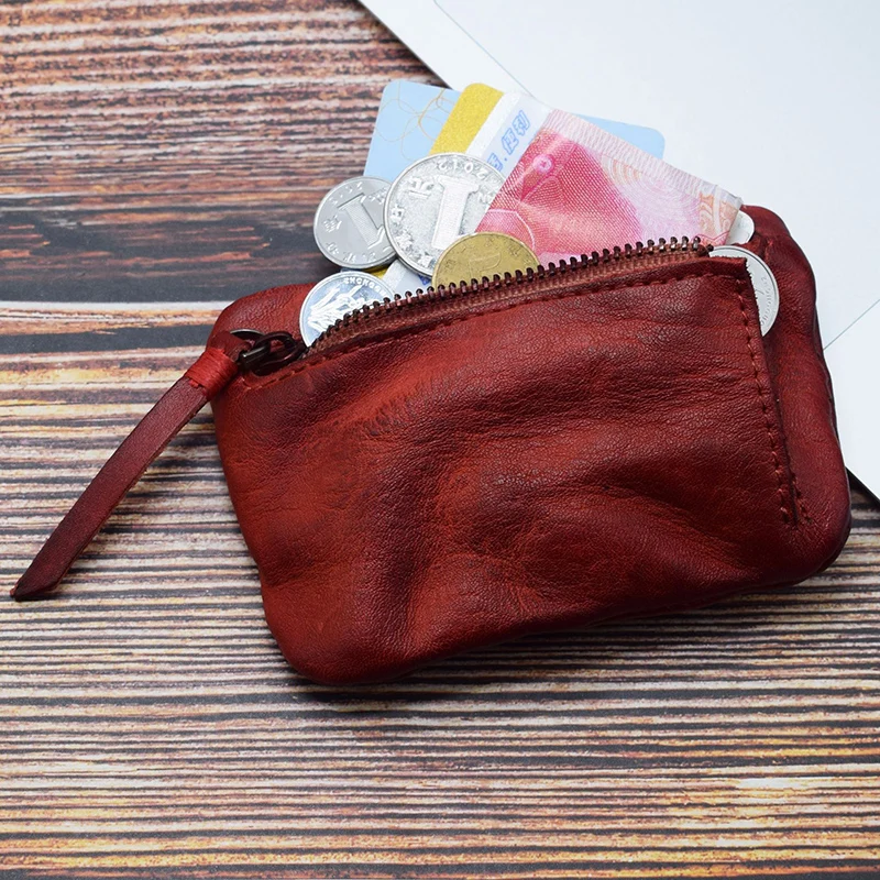 Genuine Leather Coin Purse Men Vintage Original Leather Handmade Small Mini Wallet Card Holder Money Bag Women Zip Change Purses