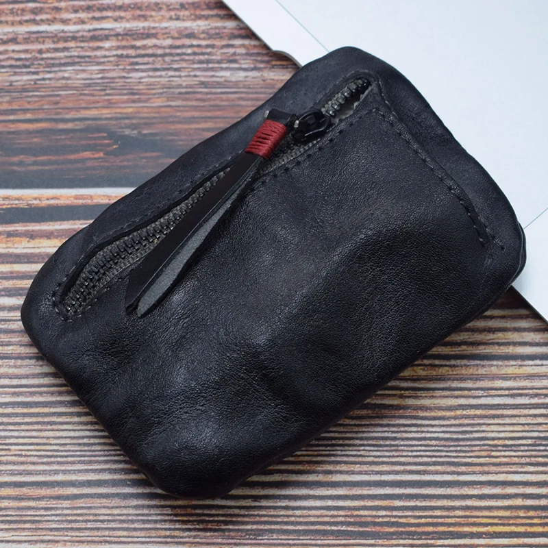 Genuine Leather Coin Purse Men Vintage Original Leather Handmade Small Mini Wallet Card Holder Money Bag Women Zip Change Purses