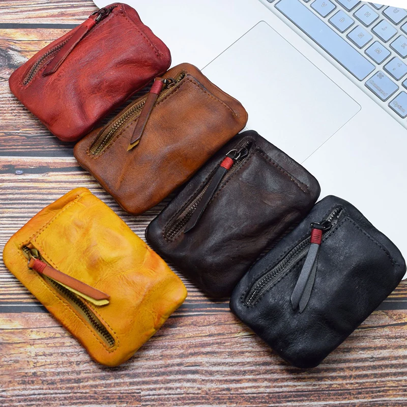 Genuine Leather Coin Purse Men Vintage Original Leather Handmade Small Mini Wallet Card Holder Money Bag Women Zip Change Purses