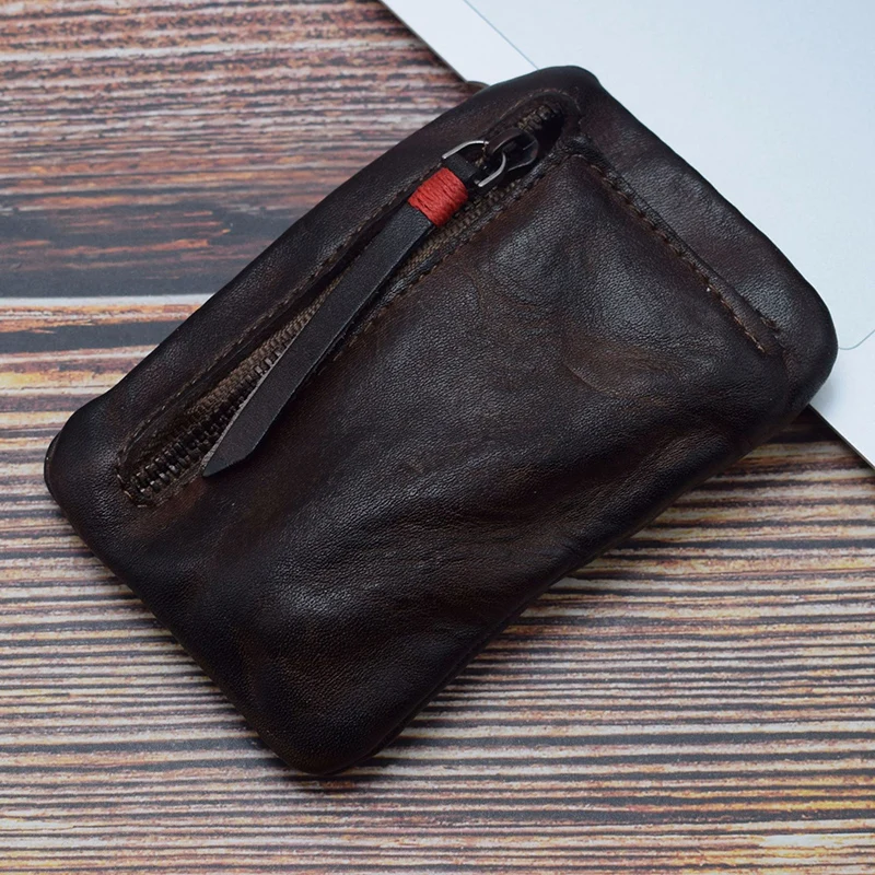 Genuine Leather Coin Purse Men Vintage Original Leather Handmade Small Mini Wallet Card Holder Money Bag Women Zip Change Purses