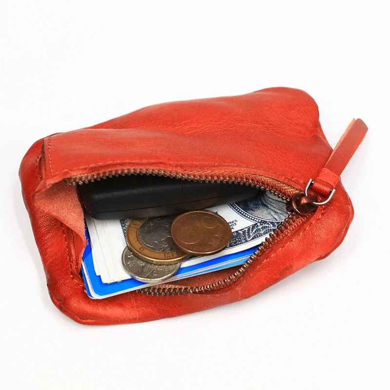 Genuine Leather Coin Purse Men Vintage Original Leather Handmade Small Mini Wallet Card Holder Money Bag Women Zip Change Purses
