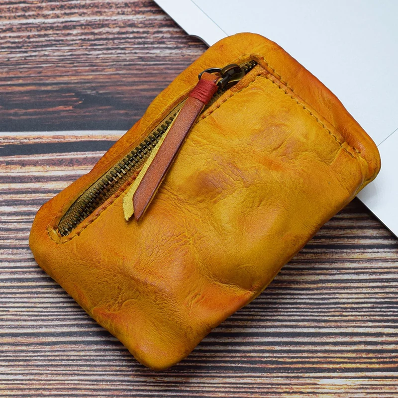 Genuine Leather Coin Purse Men Vintage Original Leather Handmade Small Mini Wallet Card Holder Money Bag Women Zip Change Purses
