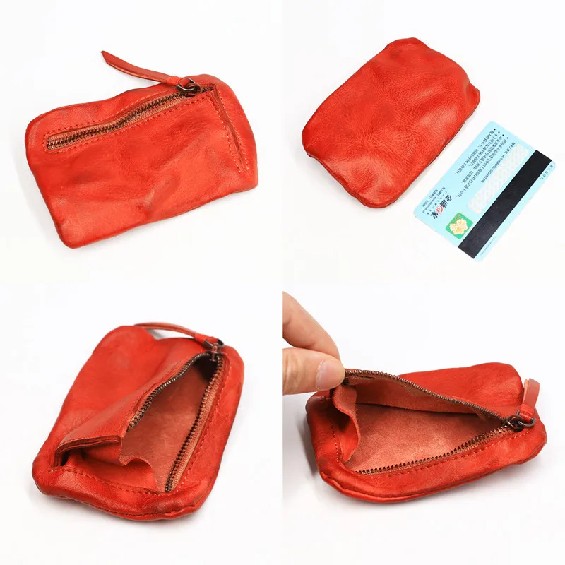 Genuine Leather Coin Purse Men Vintage Original Leather Handmade Small Mini Wallet Card Holder Money Bag Women Zip Change Purses