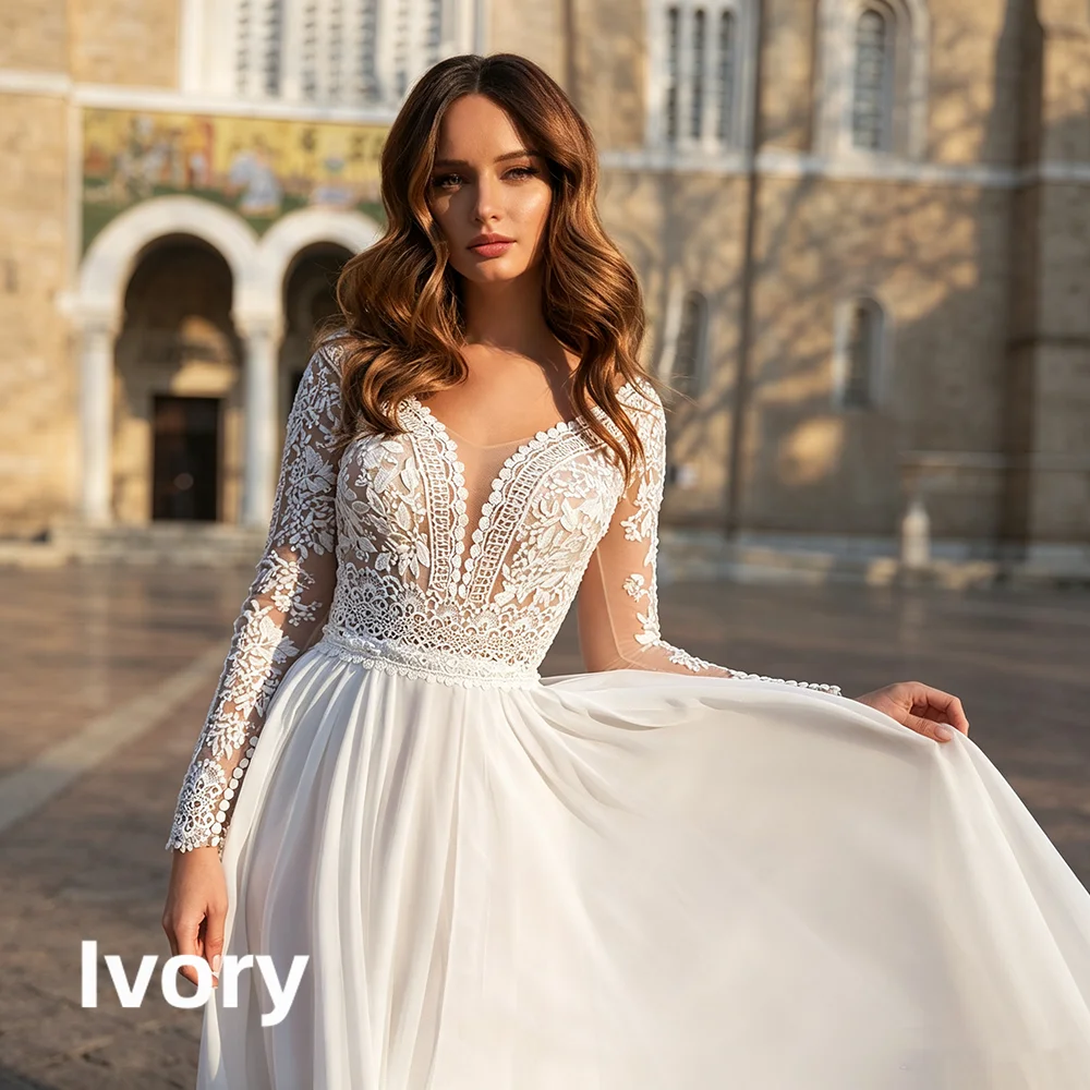 Long Sleeve Lace Wedding Dress Deep V Neck Chiffon Bridal Gown Back Buttons A-Line Floor Length Custom Bohemian Wedding Dress