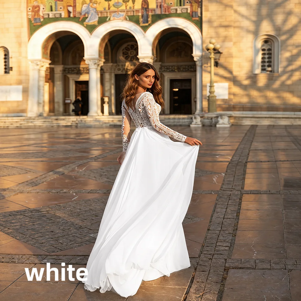 Long Sleeve Lace Wedding Dress Deep V Neck Chiffon Bridal Gown Back Buttons A-Line Floor Length Custom Bohemian Wedding Dress