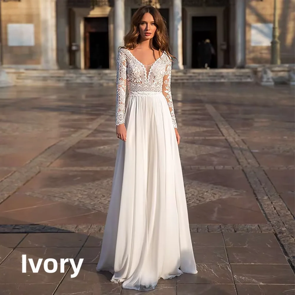 Long Sleeve Lace Wedding Dress Deep V Neck Chiffon Bridal Gown Back Buttons A-Line Floor Length Custom Bohemian Wedding Dress