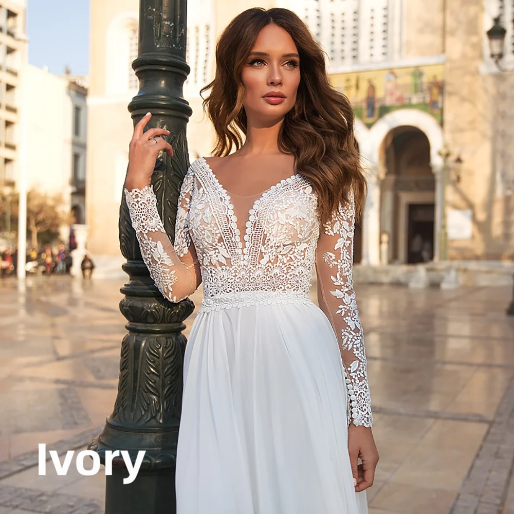 Long Sleeve Lace Wedding Dress Deep V Neck Chiffon Bridal Gown Back Buttons A-Line Floor Length Custom Bohemian Wedding Dress