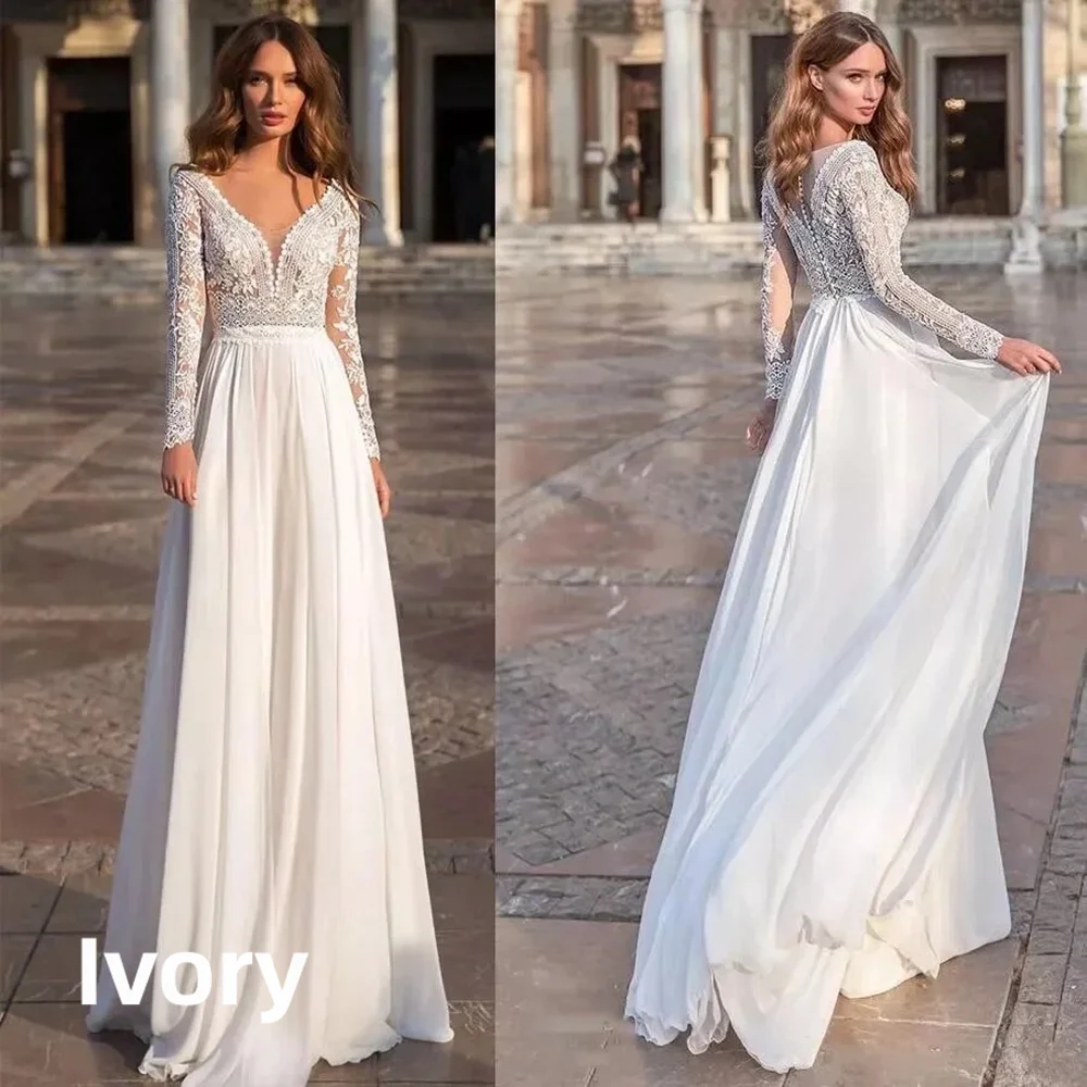 Long Sleeve Lace Wedding Dress Deep V Neck Chiffon Bridal Gown Back Buttons A-Line Floor Length Custom Bohemian Wedding Dress