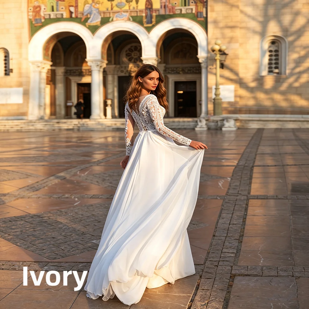 Long Sleeve Lace Wedding Dress Deep V Neck Chiffon Bridal Gown Back Buttons A-Line Floor Length Custom Bohemian Wedding Dress