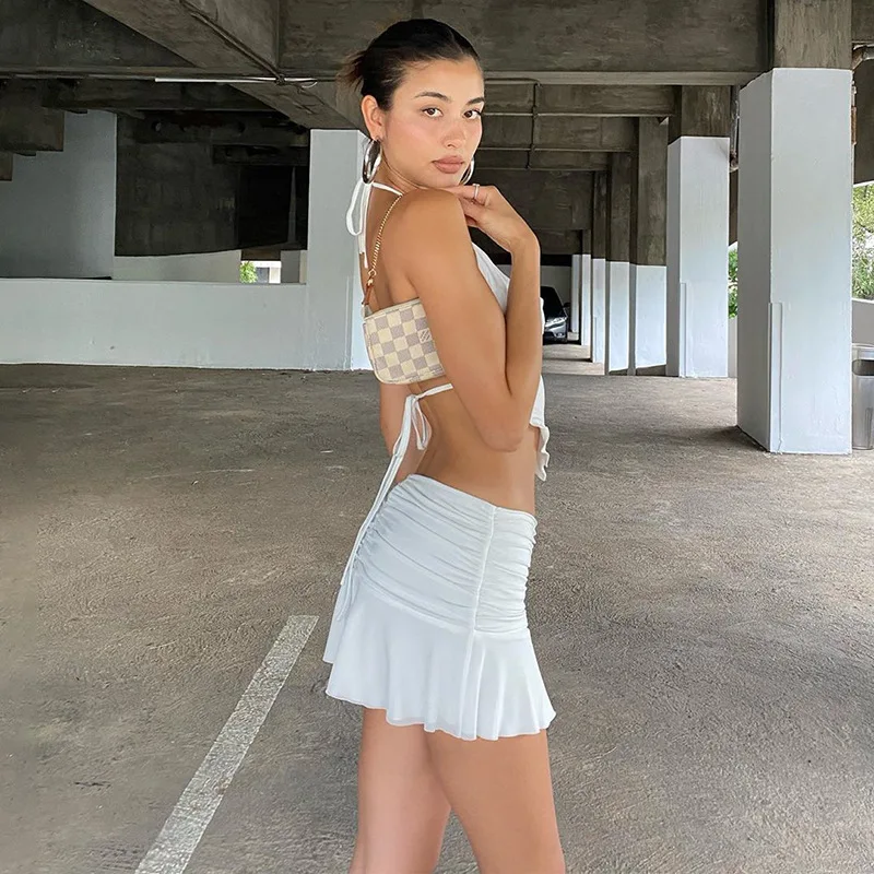 Summer Y2K White Halter Top Women Cami Backless Sexy Summer Crop Tops Sleeveless Camisole Lacing Cropped Female Tops Streetwea
