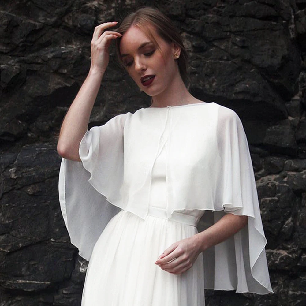 Women Wedding Bolero Soft Lightweight Chiffon Bridal Shawl High Low Formal Shrug Elegant Evening Capes for Lady with Button