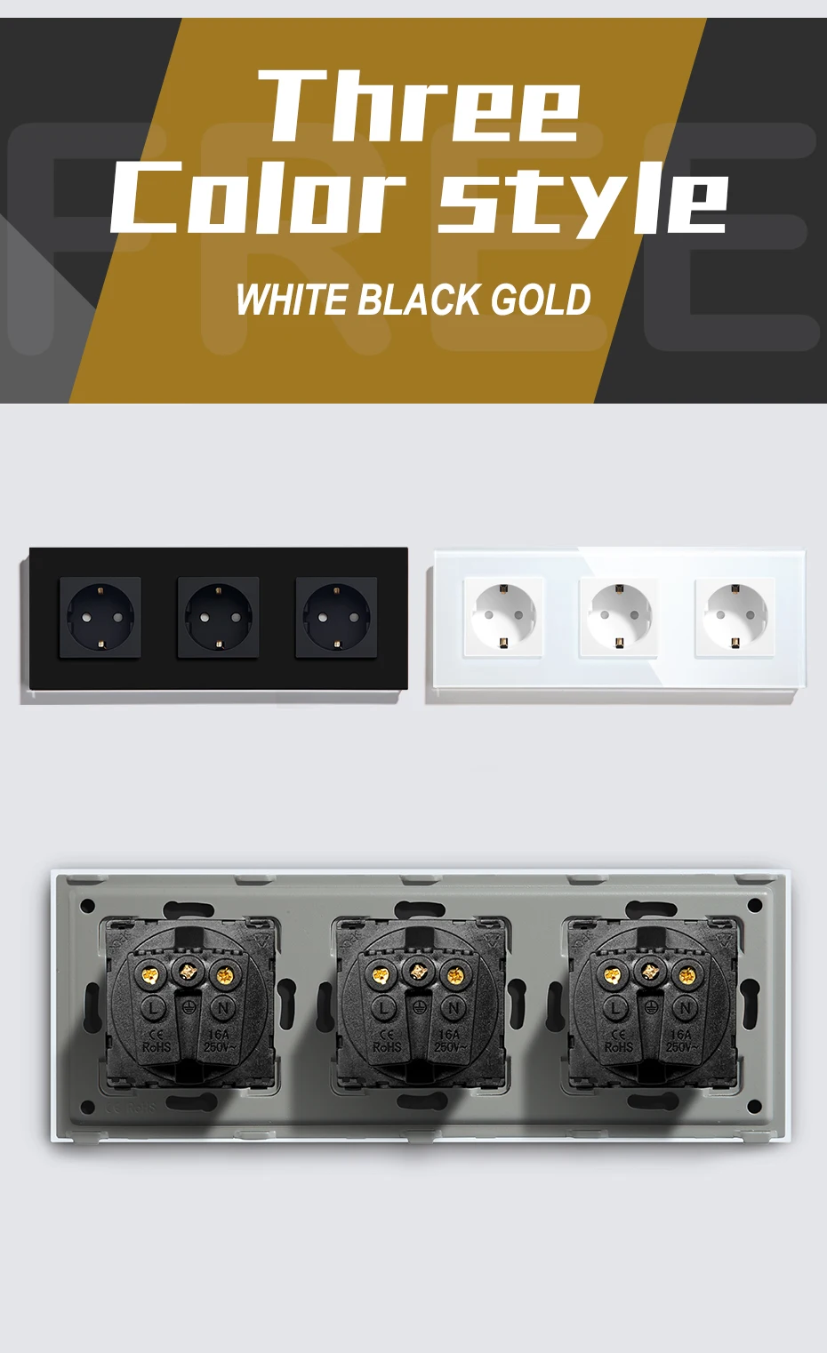 BSEED EU Wall Sockets Single Power Outlet Double Glass Frame USB Type-C Charge Ports Triple Socket Plugs Kids Protection 16A