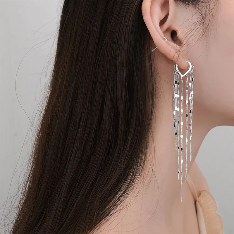 XIYANIKE Silver Color Light Luxury Long Tassel Hoop Earrings Female Temperament Love Heart Gorgeous Handmade Jewelry Gift