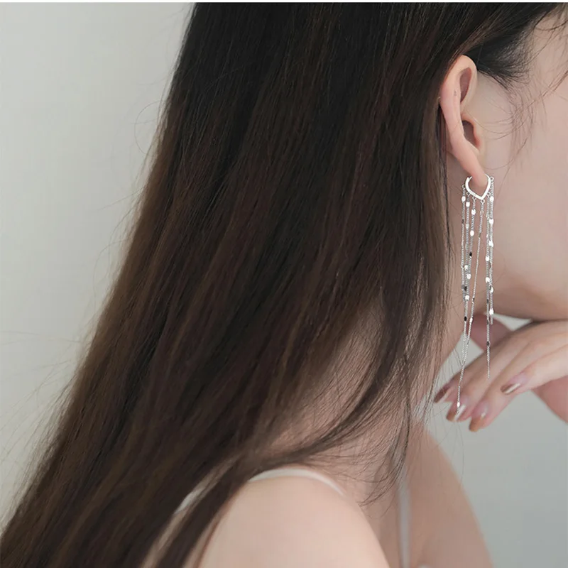 XIYANIKE Silver Color Light Luxury Long Tassel Hoop Earrings Female Temperament Love Heart Gorgeous Handmade Jewelry Gift