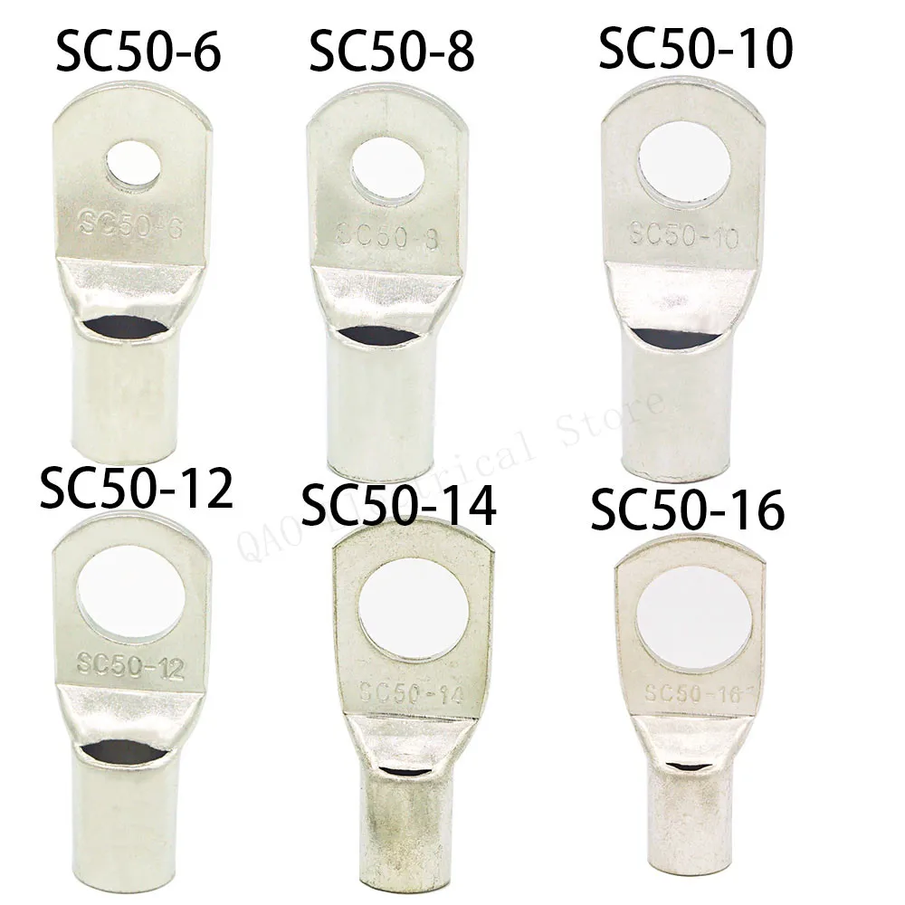 10PCS/5PCS SC50-6 50-8 50-10 50-12 Copper Cable Lug Kit Bolt Hole Tinned Cable lugs Battery Terminals copper nose Wire connector