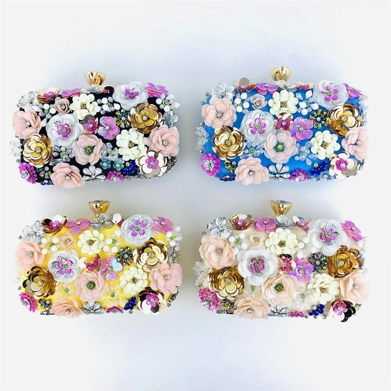 Beaded Floral Evening Clutch Women Fashion Banquet Handbag Elegant Party Prom Shoulder Bag Female Metal Chain Crossbody Purse