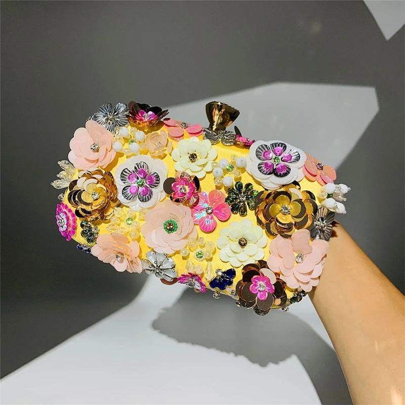 Beaded Floral Evening Clutch Women Fashion Banquet Handbag Elegant Party Prom Shoulder Bag Female Metal Chain Crossbody Purse