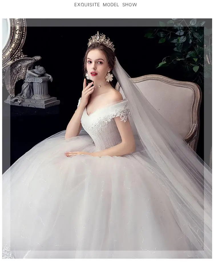 Shiny Wedding Gowns Sweet Boat Neck Wedding Party Ball Gown Off Shoulder Wedding Dresses Customized For Women