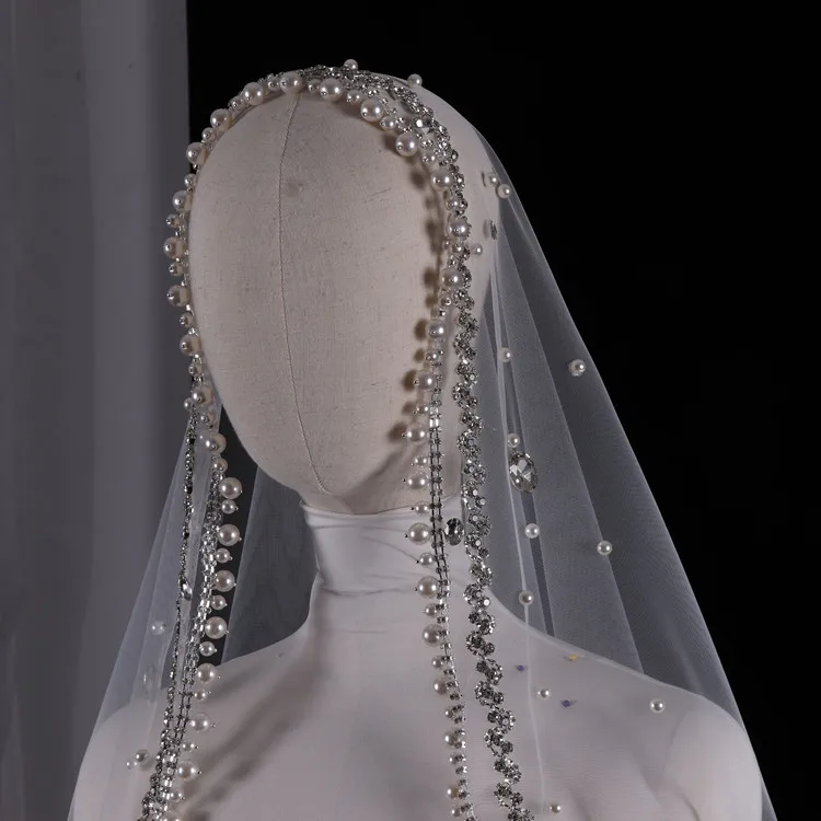 Vintage High Quality Pearls With Rhinestone White Ivory Colour Bride Veils Wedding Headdress Belos Arabes المرأة الحجاب