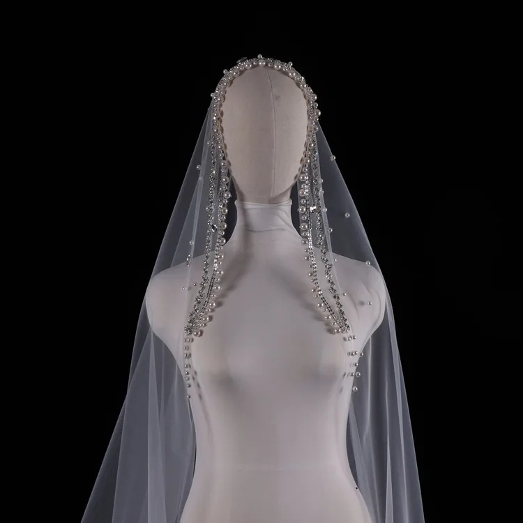 Vintage High Quality Pearls With Rhinestone White Ivory Colour Bride Veils Wedding Headdress Belos Arabes المرأة الحجاب