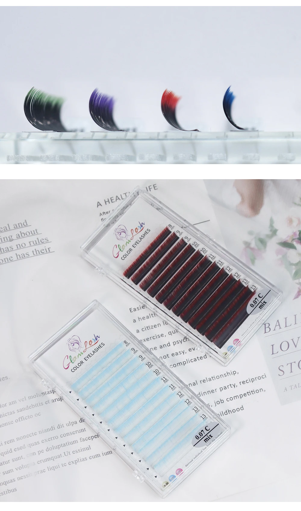 GLAMLASH Gradient Red Green Blue Purple Color Eyelash Extension Individual Faux Mink Ombre False Eye Colored Lashes Makeup Tool