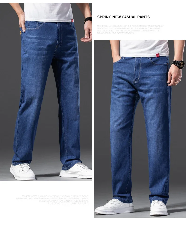 Men Jeans Classic Summer Lyocell Cotton Straight Stretch Brand Denim Pants Overalls Light Blue Fit Trouser Plus Size 40 42