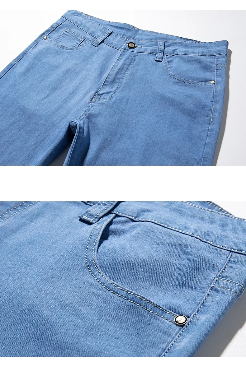 Men Jeans Classic Summer Lyocell Cotton Straight Stretch Brand Denim Pants Overalls Light Blue Fit Trouser Plus Size 40 42
