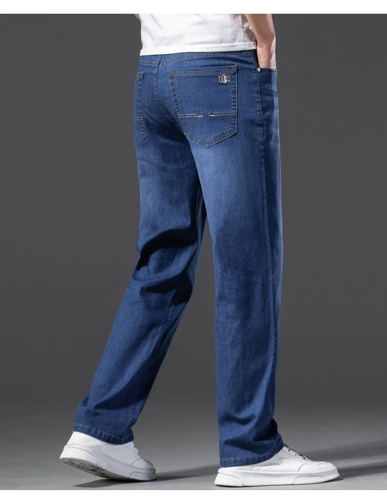 Men Jeans Classic Summer Lyocell Cotton Straight Stretch Brand Denim Pants Overalls Light Blue Fit Trouser Plus Size 40 42