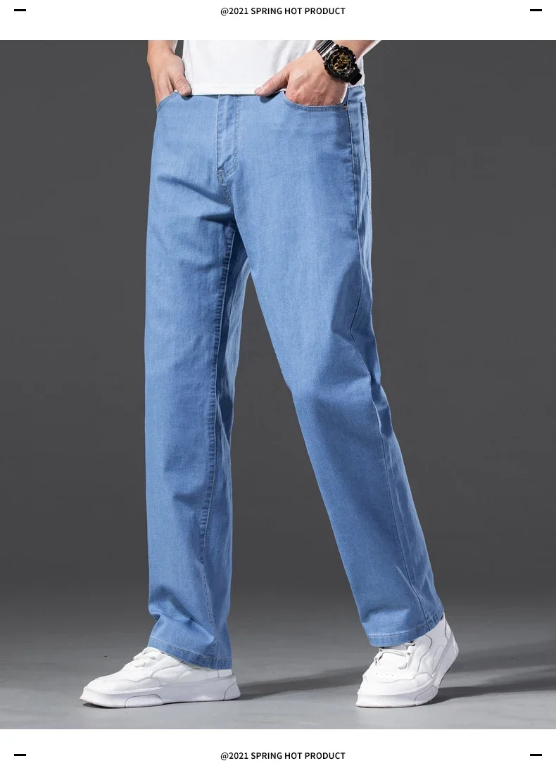 Men Jeans Classic Summer Lyocell Cotton Straight Stretch Brand Denim Pants Overalls Light Blue Fit Trouser Plus Size 40 42