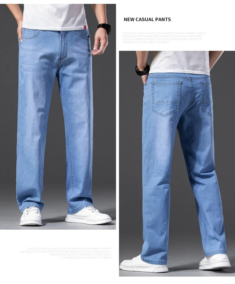 Men Jeans Classic Summer Lyocell Cotton Straight Stretch Brand Denim Pants Overalls Light Blue Fit Trouser Plus Size 40 42