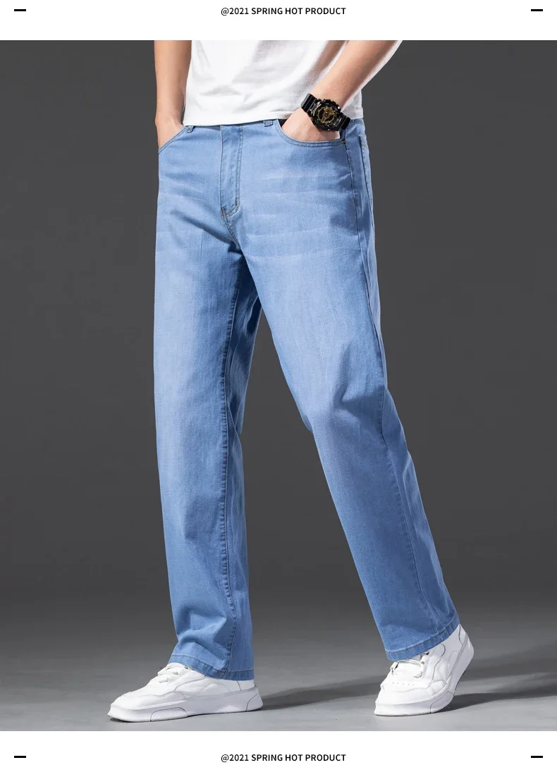 Men Jeans Classic Summer Lyocell Cotton Straight Stretch Brand Denim Pants Overalls Light Blue Fit Trouser Plus Size 40 42