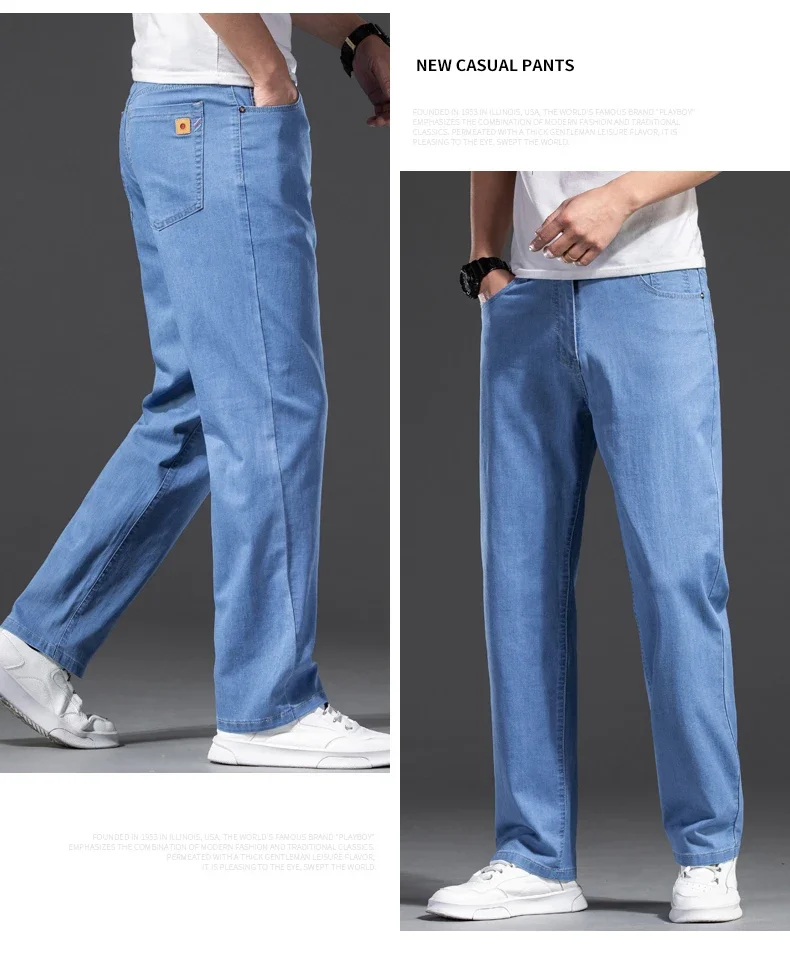 Men Jeans Classic Summer Lyocell Cotton Straight Stretch Brand Denim Pants Overalls Light Blue Fit Trouser Plus Size 40 42