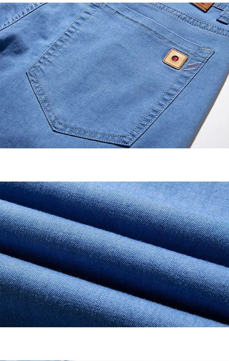 Men Jeans Classic Summer Lyocell Cotton Straight Stretch Brand Denim Pants Overalls Light Blue Fit Trouser Plus Size 40 42